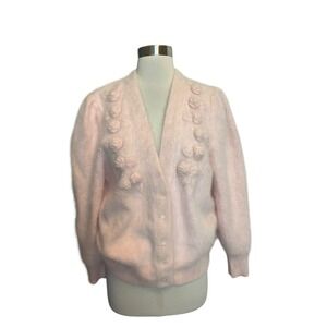 Fuzzy Angora Sweater Cardigan Pink Size Large Fluffy Soft Flower Appliqué